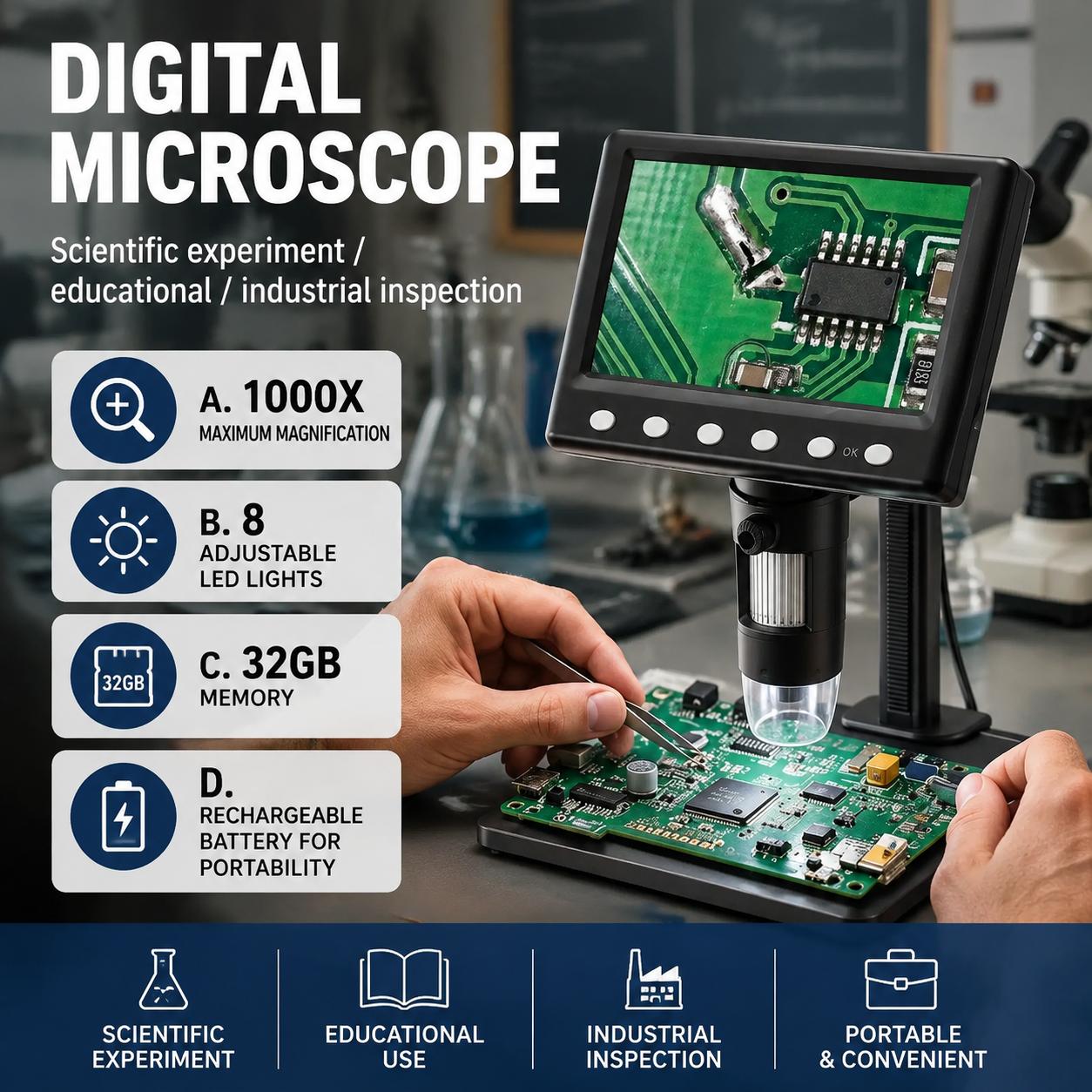 Diy Electronics Microscope - Inspektionsmikroskop 1000-fache Vergrößerung mit 8 LED-Beleuchtung